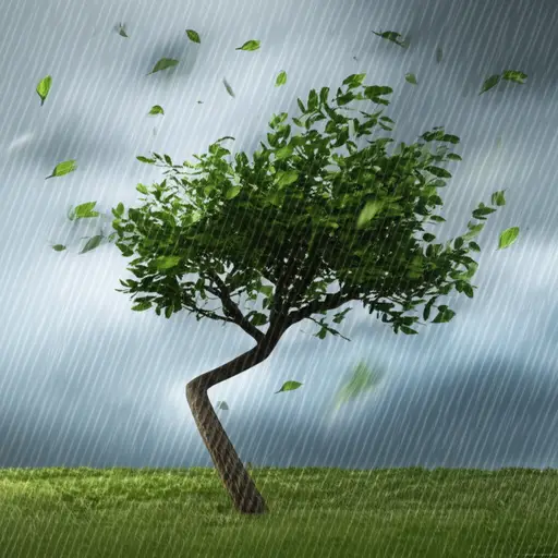 暴风雨无情地摧残着那棵小树，将它扭曲得不成样子。