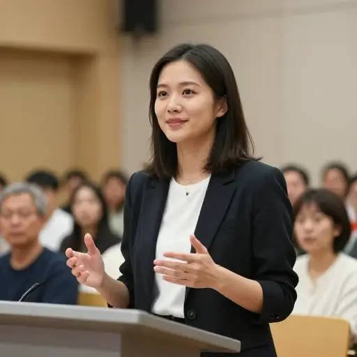 她在演讲时充满自信。