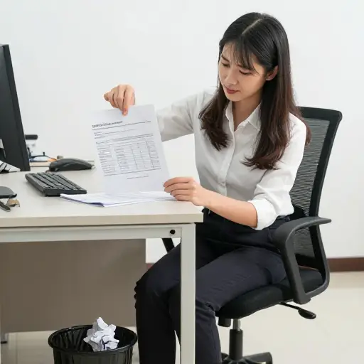 她写完报告，随手把它扔进了垃圾桶。