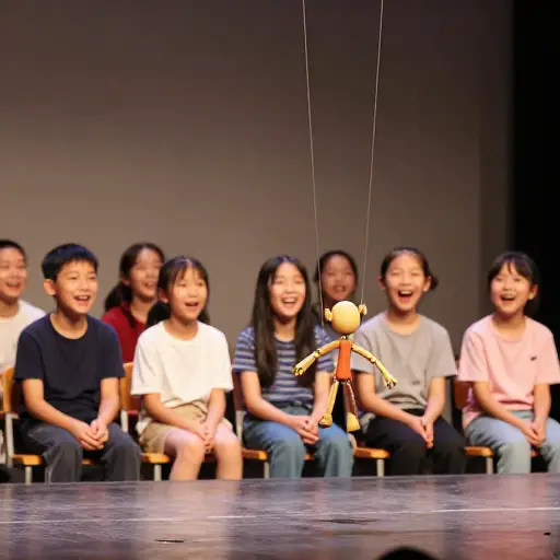 孩子们被木偶剧里那些用线操控的木偶逗得哈哈大笑。