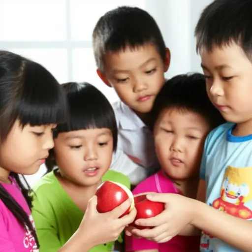 孩子们正在把苹果分成两半。