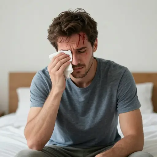 他醒来并清理了受伤眉毛上的血。