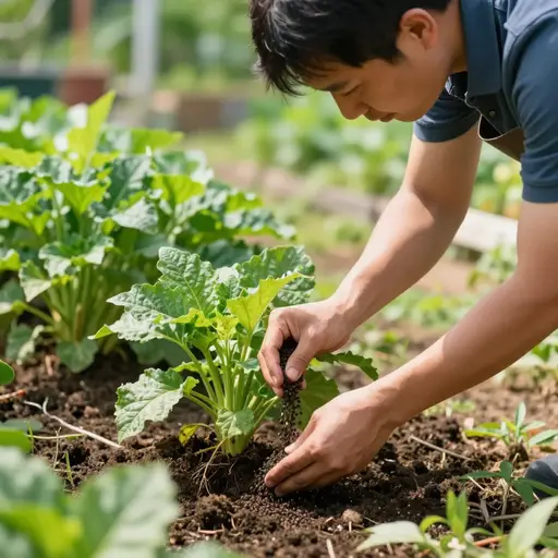 园丁在土壤中添加化肥来帮助植物生长。