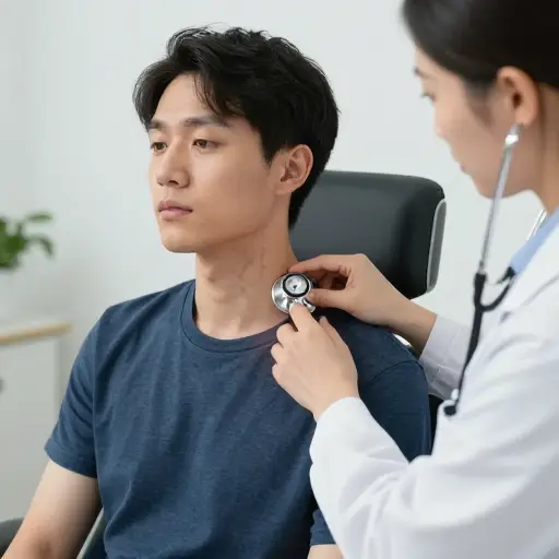 医生指出了病人颈部明显的静脉。