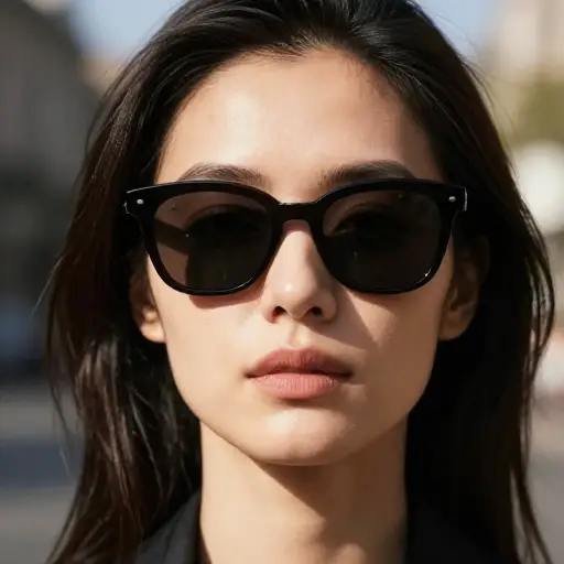 她的太阳镜反射出明亮的阳光，让人很难看到她的眼睛。