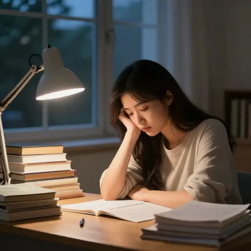 她为考试拼命学习。