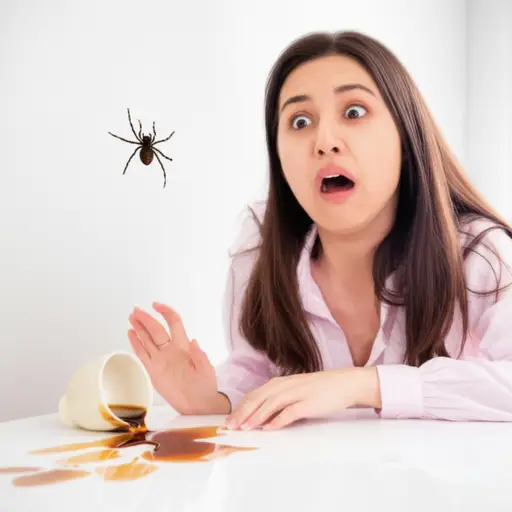 看到蜘蛛时她惊慌失措，把杯子打翻了。