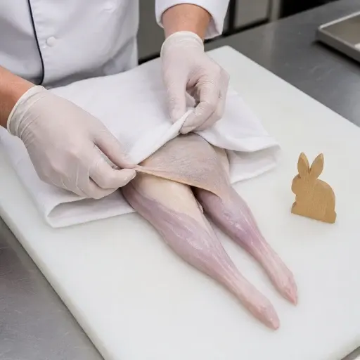 厨师正在烹饪前给兔子剥皮。