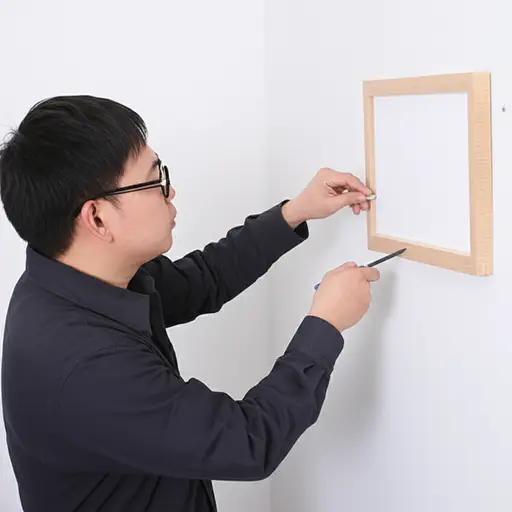 他正在用螺丝把画框固定在墙上。