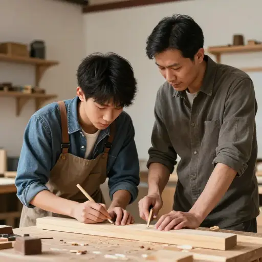 那个年轻的学徒正在跟师傅学习木工手艺。