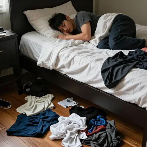 他把衣服扔在地板上，然后上床睡觉。