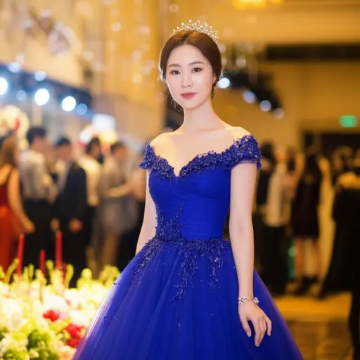 她在毕业舞会上穿了一件漂亮的蓝色礼服。