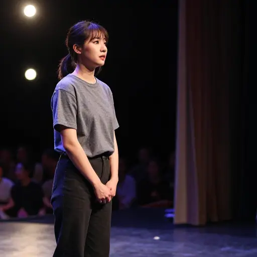 那位女演员很紧张，因为下一个就轮到她上台了。