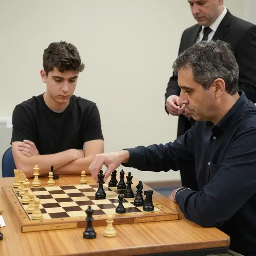 卫冕国际象棋冠军在第三十二步遭受一次毁灭性弃后杀招后，举手投降了。