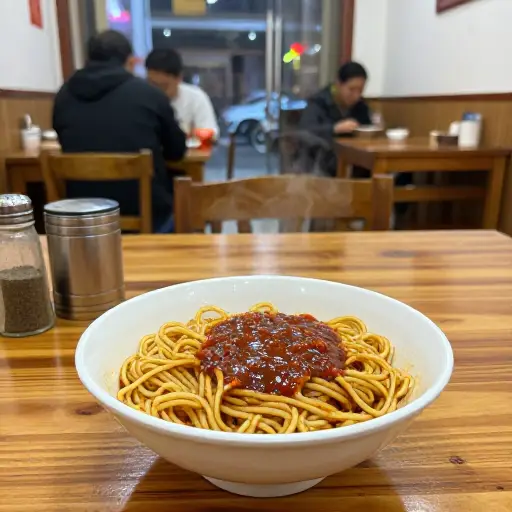 这家餐馆以美味的辣面条出名。