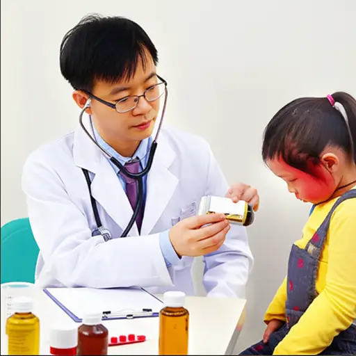 医生仔细地为发烧的孩子配了退烧药的剂量。