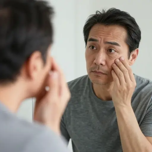 他注意到眼角开始出现细纹。