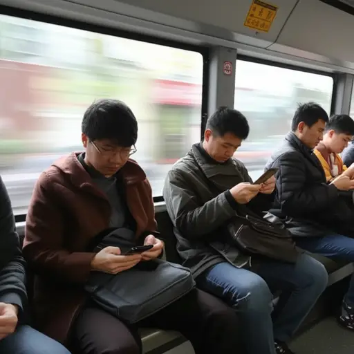 现在很多人在公共汽车上看手机。