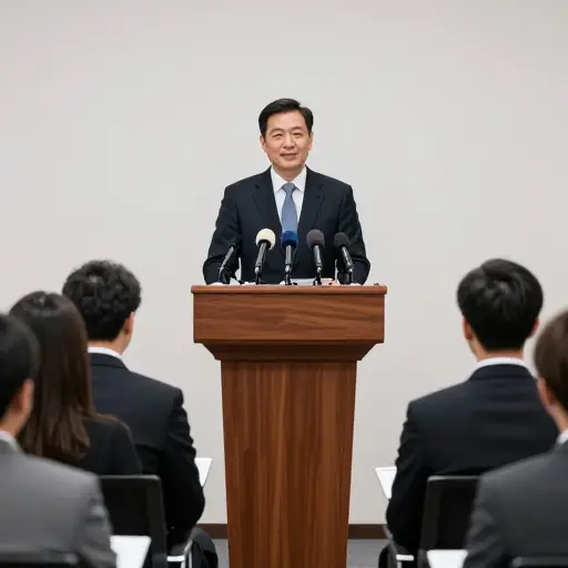 他在新闻发布会上沉着而自信地回应。