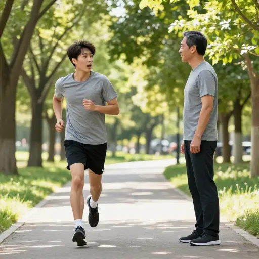 我在公园跑步时，意外遇到了一个多年未见的老朋友。