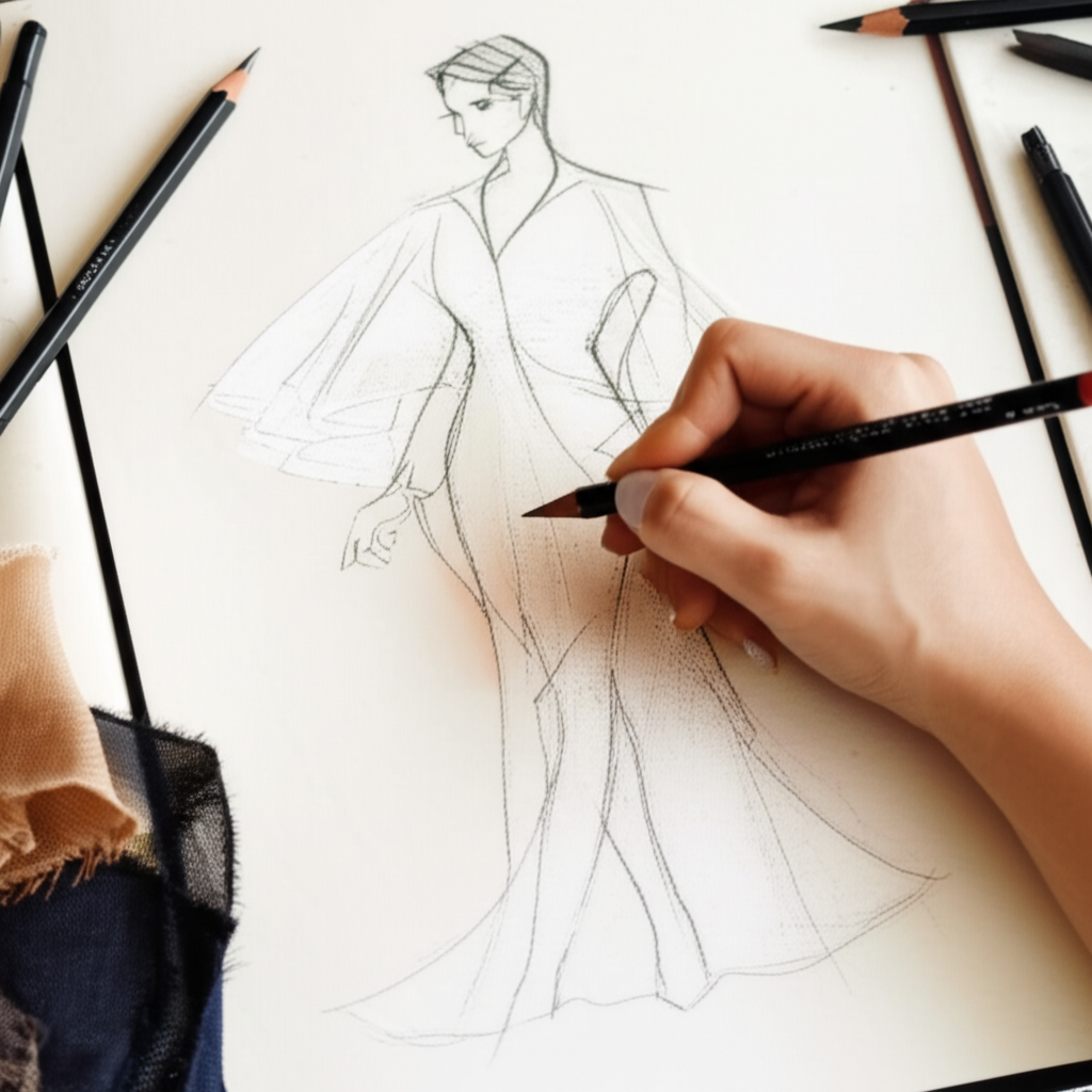 这幅素描展现了礼服的优雅线条。