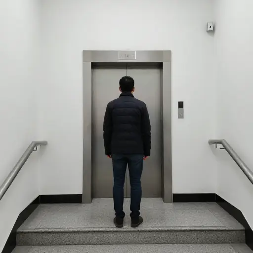 他站在楼梯底部，等电梯。