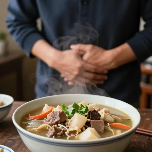 这道传统炖菜很美味，但对我的胃来说太油腻了。