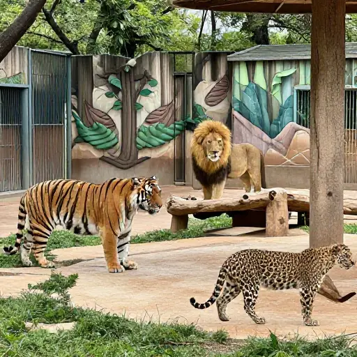 动物园有一个大型猫科动物围场，里面有一只老虎、一头狮子和一只豹子。