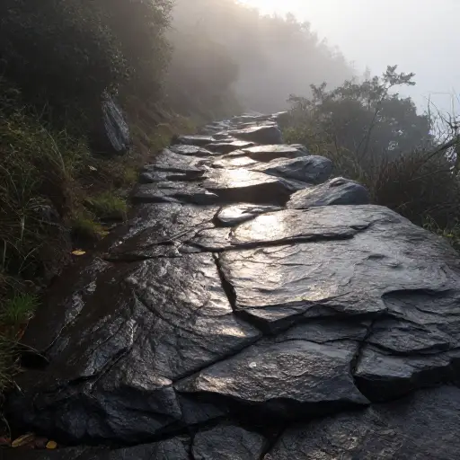 我们清晨到达山上，岩石因下雨而湿滑。