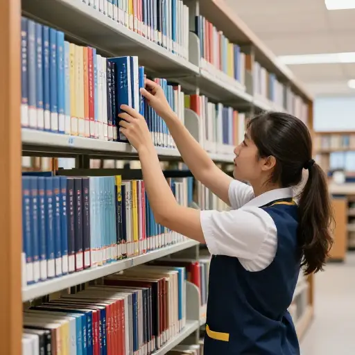 图书管理员正按字母顺序整理书架上的书。