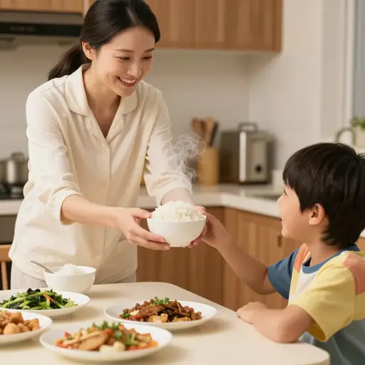 "你想吃些米饭吗？" "好的，请。"