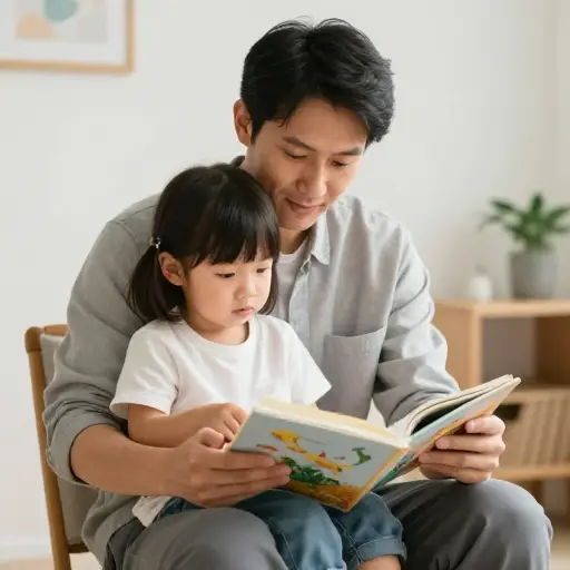 孩子坐在父亲的腿上听故事。