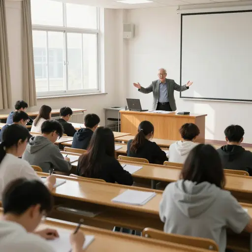 学生们在客座教授的讲座中安静端坐，专注地做笔记。