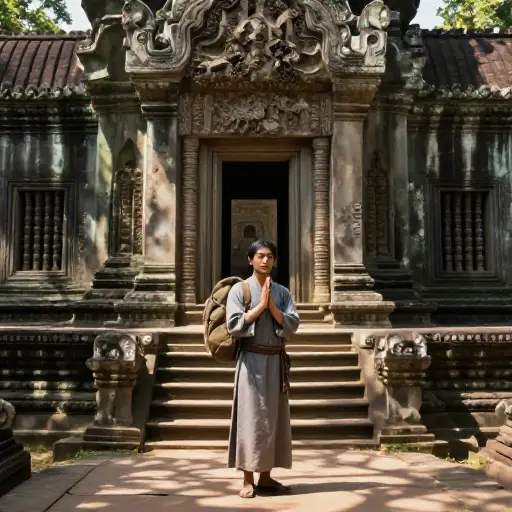 这位朝圣者在异国的寺庙中寻找内心的平静。