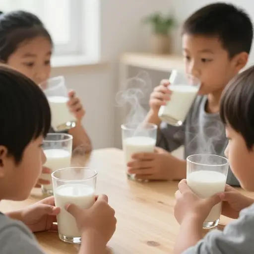 快点，孩子们，在牛奶变凉前喝完。