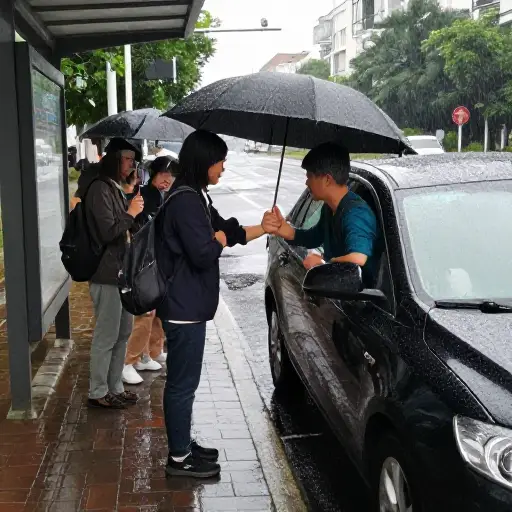 我们同情几个在雨中等车的人，于是载了他们一程。