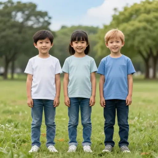 孩子们并排站着拍照。