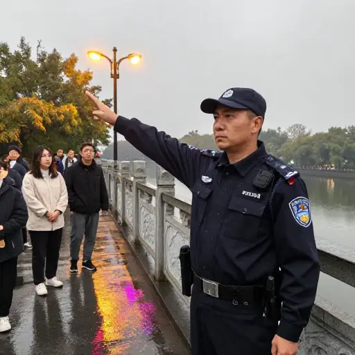 警察请人们不要穿过那座桥。