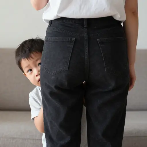 他是个胆小的小男孩，常常躲在母亲身后。
