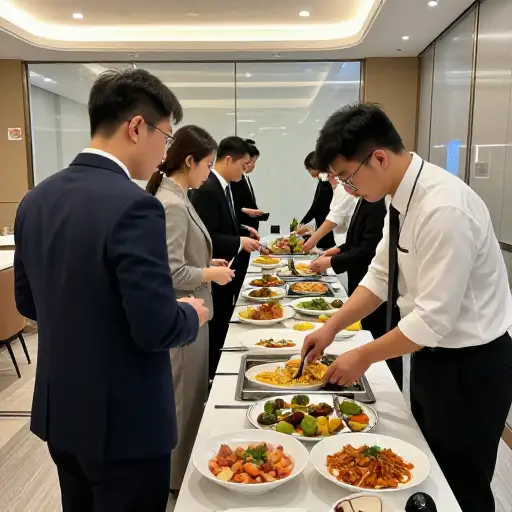 他们雇了一家本地公司，为全年的公司活动提供餐饮服务。