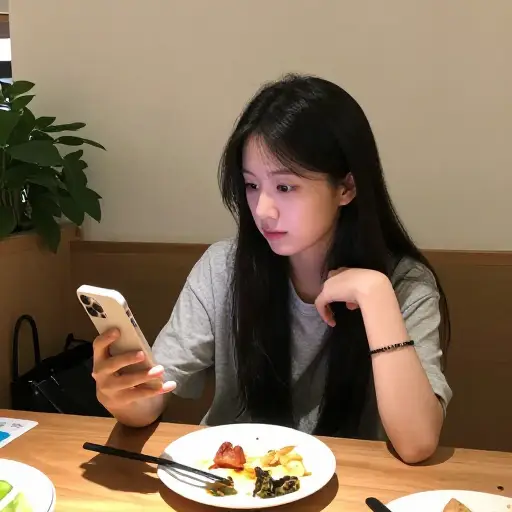 她吃饭时老是看手机。