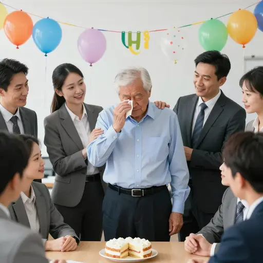 在他的退休派对上，他变得过分感伤，泪流满面地为多年来哪怕是最微小的善意感谢每一个人。