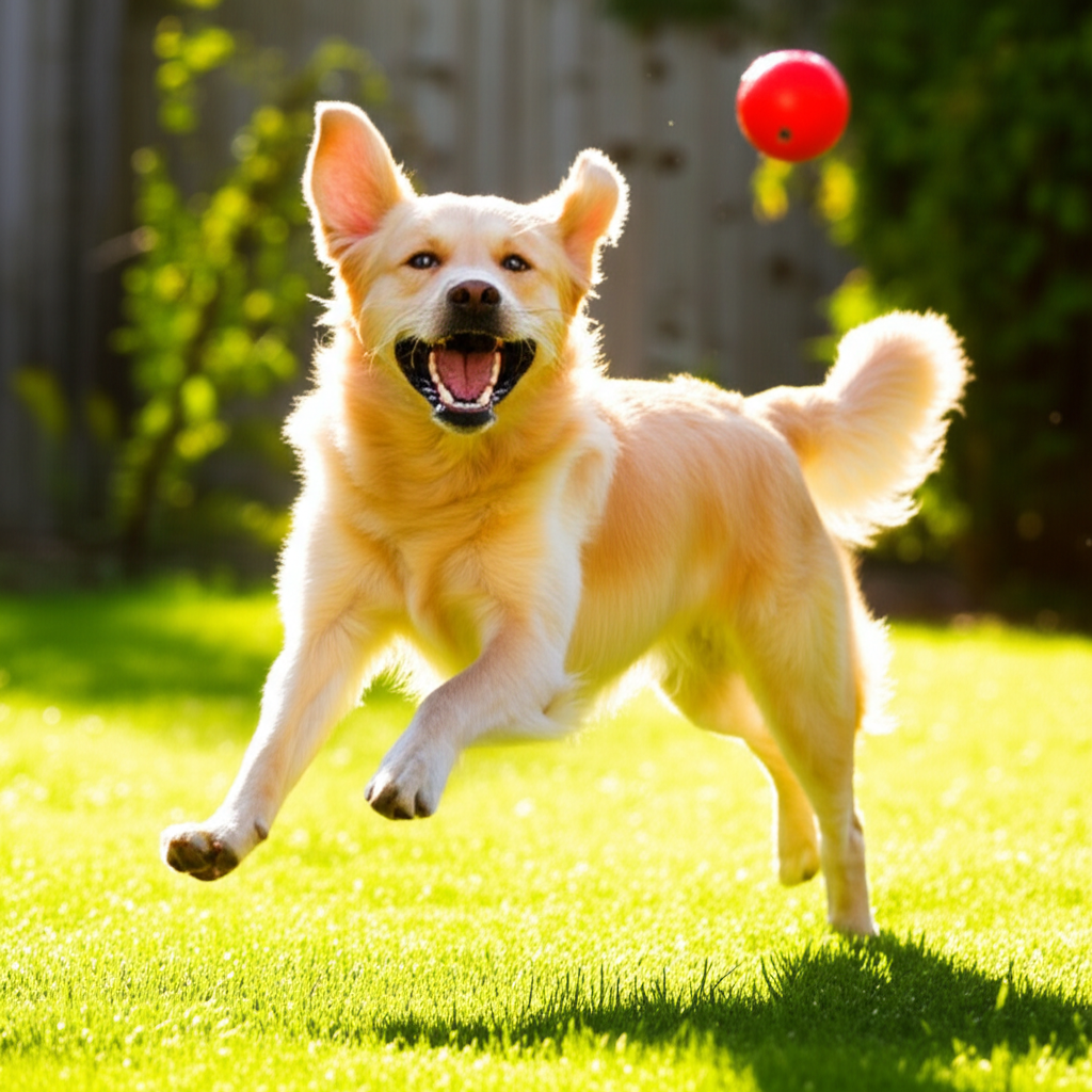 这只金毛猎犬快乐地追逐着球。