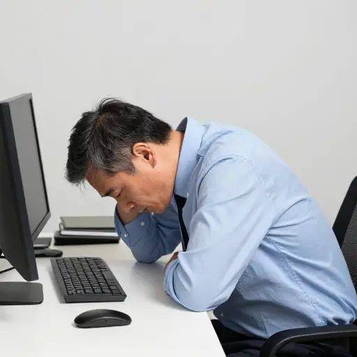 多年的伏案工作导致他的姿势不良。