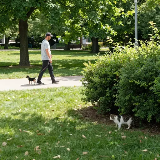 一个遛狗的人在公园里发现了一只走失的小猫。