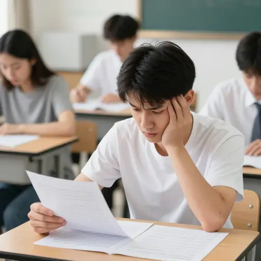 与大多数学生一样，他发现考试压力大。