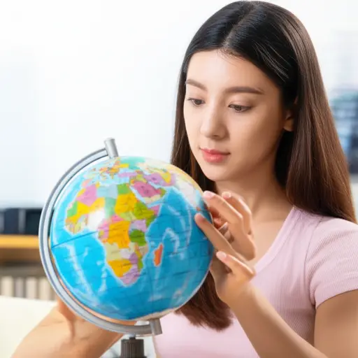 她用手指轻轻转动地球仪，寻找澳大利亚的位置。