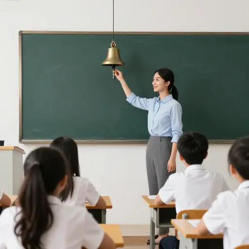 她敲响钟声以示上课开始。