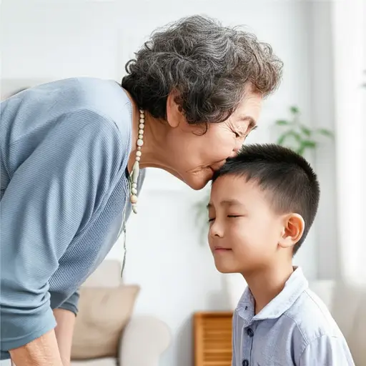 奶奶快速地在孙子额头上亲了一下。