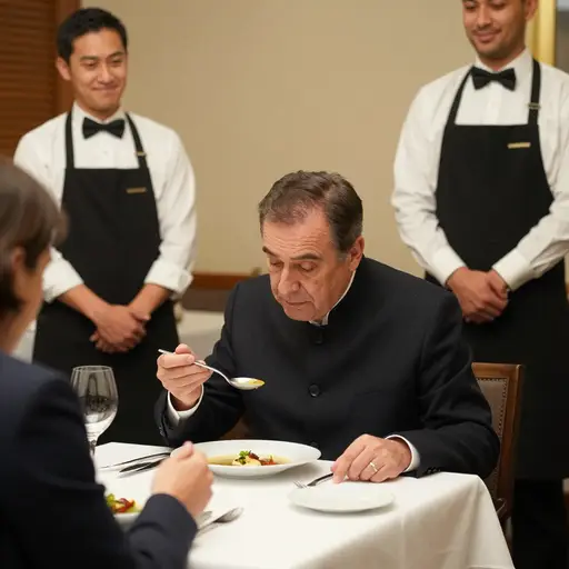 美食评论家挑剔个不停：汤的浓稠度不对、装饰菜的角度不端正、盘子温度也不够。